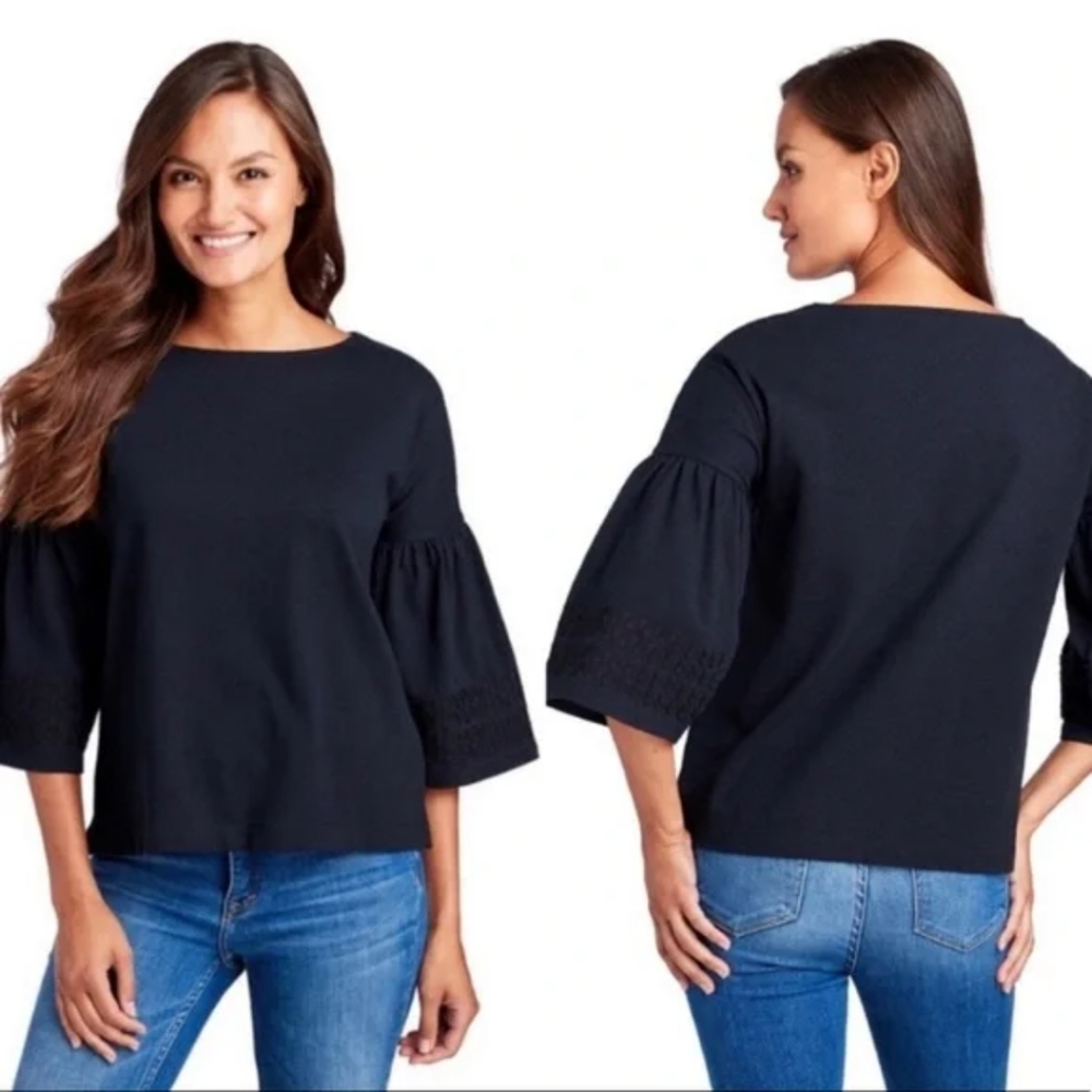 Vineyard Vines Blouse Womens XS Half Bell Sleeve Rickrack Cotton Solid Black